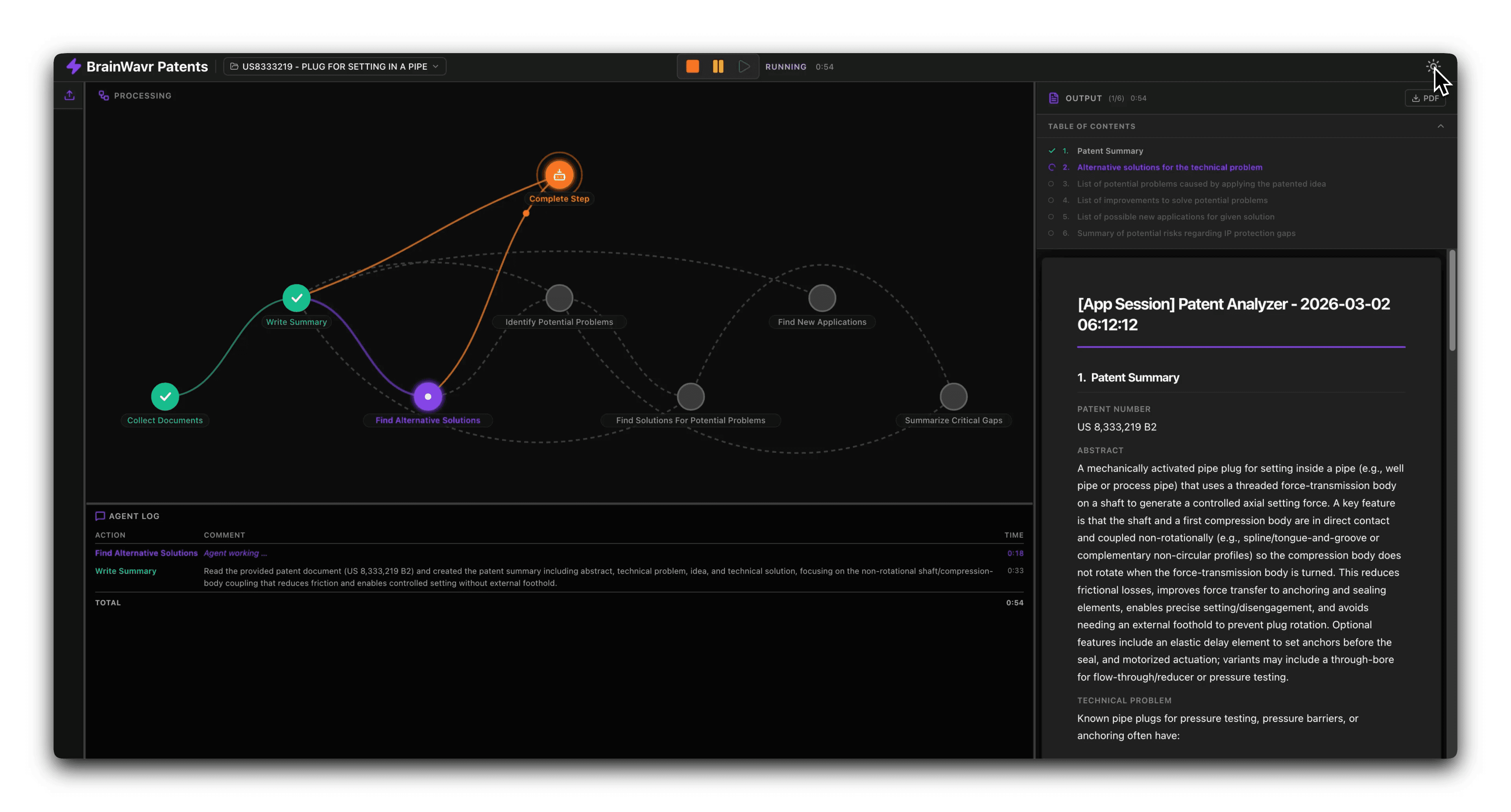 BrainWavr domain workspace showing AI-assisted analysis in a specialized view.